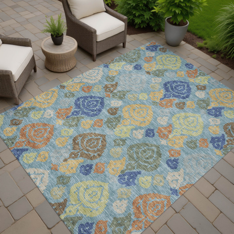 Tapis damassé intérieur / extérieur lavable à la machine ACN2460, Sarcelle, 8 pi x 10 pi