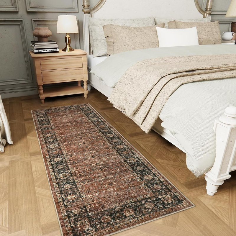 2x6 Floral Kitchen Rug – Washable, Non-Slip, Low Pile, Distressed Print Runner for Hallway, Bathroom, Laundry (Beige)
