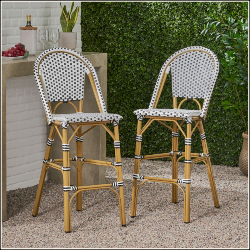 Tabouret de bar d'extérieur français en rotin de 29,5 po avec structure en aluminium et finition bambou (ensemble de 2)
