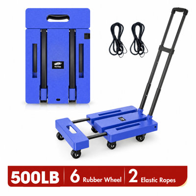 Foldable Dolly, Heavy Duty Dolly Cart, Folding Hand Truck with 6 Wheels & 2 Elastic Ropes, 500 LB Dolly Cart Capacity Portable Luggage Cart for Moving, Traveling and Shopping, Blue