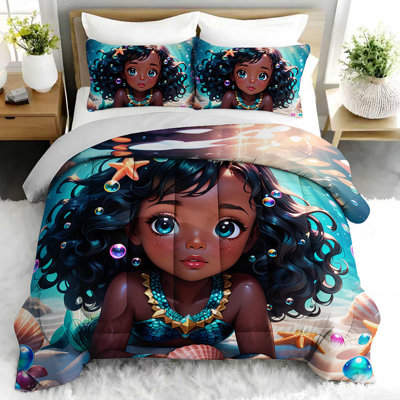 Mermaid Princess Comforter Set, Cute Cartoon Bedding Set with 2 Pillow Cases, Soft and Machine Washable Bedding, All Seasons Comforter for Room Decor