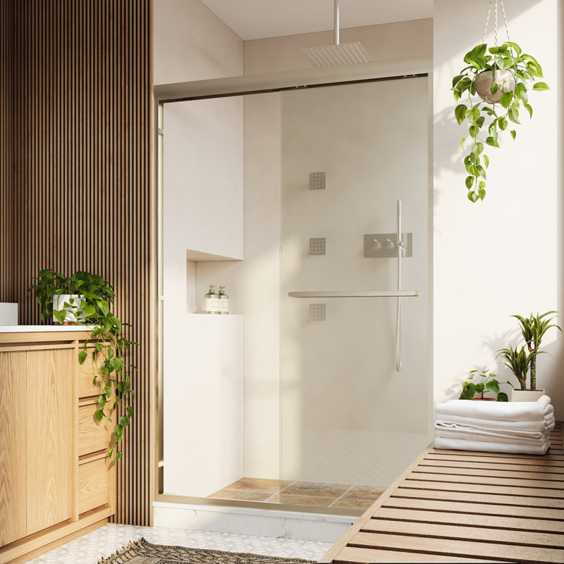 Porte de douche coulissante double de 44 à 48 po x H 72 po avec porte coulissante à double cadre avec verre trempé et barre de verre trempé et nickel brossé, nickel brossé