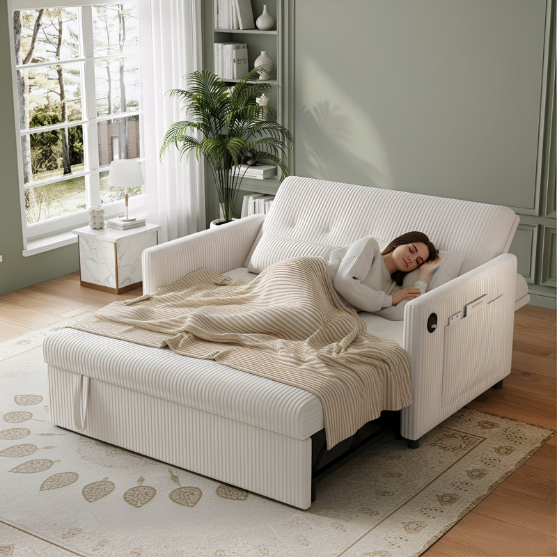 53"Sofa Bed, 3-in-1 Loveseat Sleeper Sofa with Pull Out Bed, Pockets and USB, Modern 2 Seater Convertible Small Couch for Living Room Bedroom Apartment,Corduroy Comfy Couches,Beige