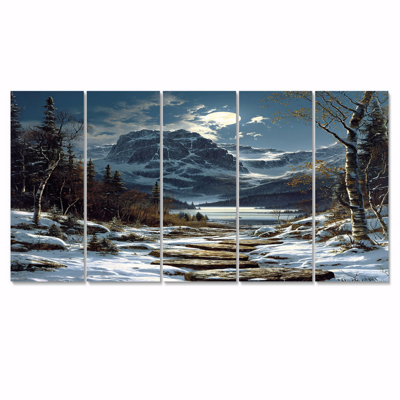 Chemin de pierre à travers la forêt de montagne hivernale - forêt, art mural 5 pièces, H 32 po x l 80 po