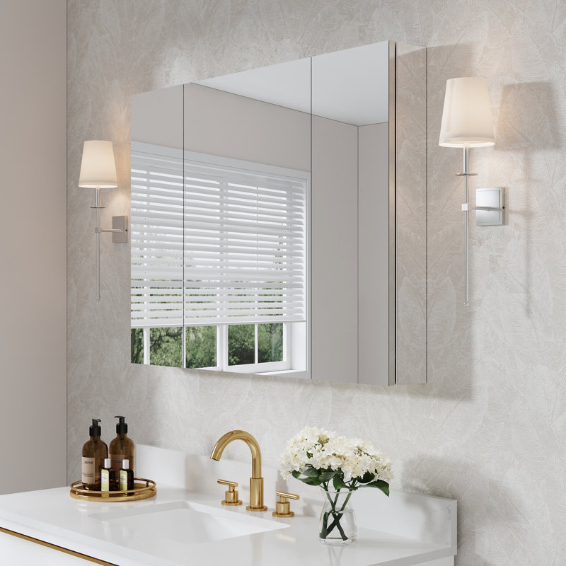 Recessed Or Surface Wall Mount Bathroom Medicine Cabinet With Adjustable Glass Shelves, 30" H x 40" W x 4.8" D, Triple