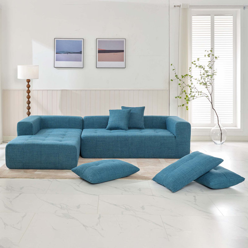 Boneless Modular Sectional Living Room Sofa Set, Blue Linen