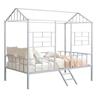 Silver - Hued Twin Bunk Bed With Contemporary House Design, Full Metal Framework And Angled For Bedroom Furnishing Upgrade Plan Coloured Construction Enhancement