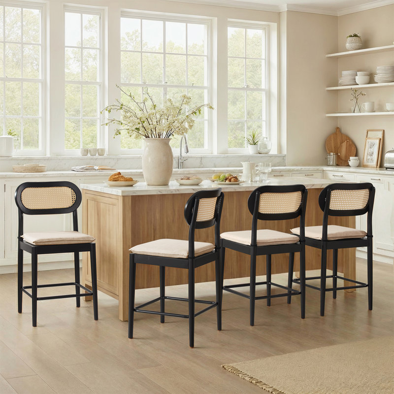 Jacindo Coastal Counter Stool with Rattan Backrest, Black