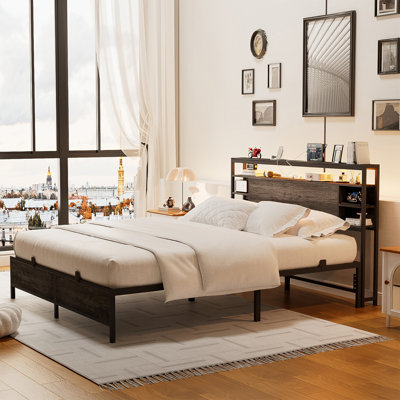 Bed Frame With Charging Station And RGB LED Lights, Headboard With Storage No Box Spring Needed