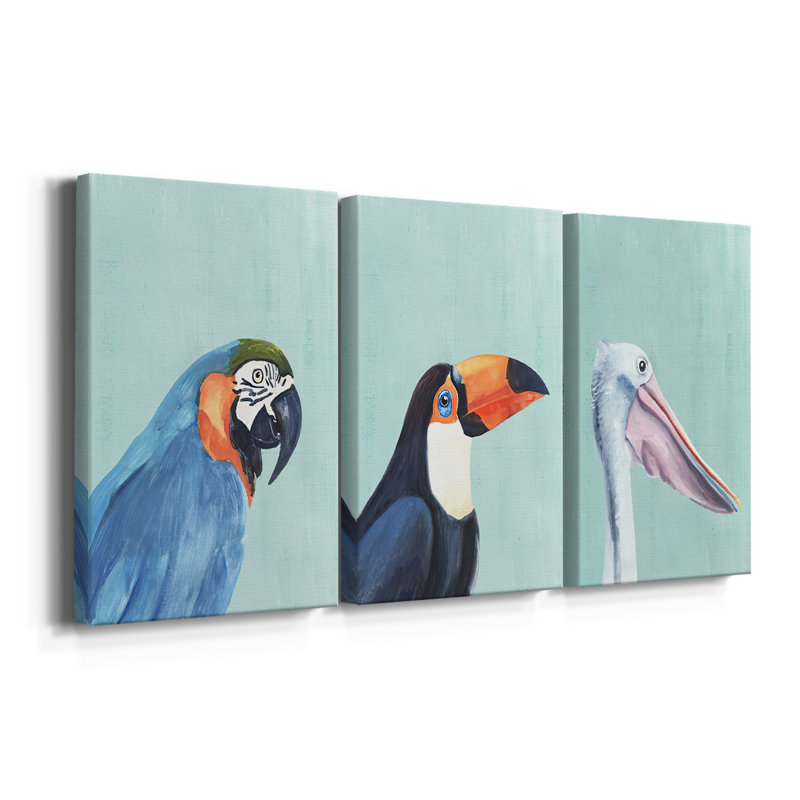 Oiseau exotique sur fond bleu I, toile tendue sur mesure - 3 pièces, H 18 po x l 36 po