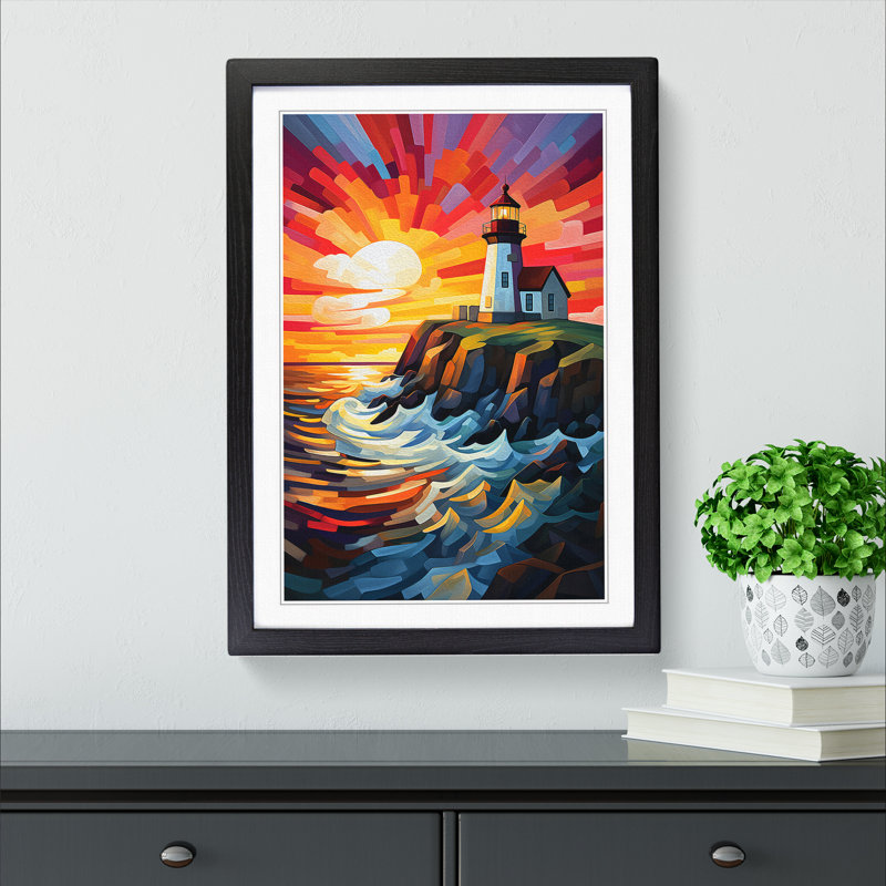 XYZ-FRM-V1223-4188 Lighthouse Cubism - Single Picture Frame Print on Wood, 46cm H x 34cm W x 2cm D, Black