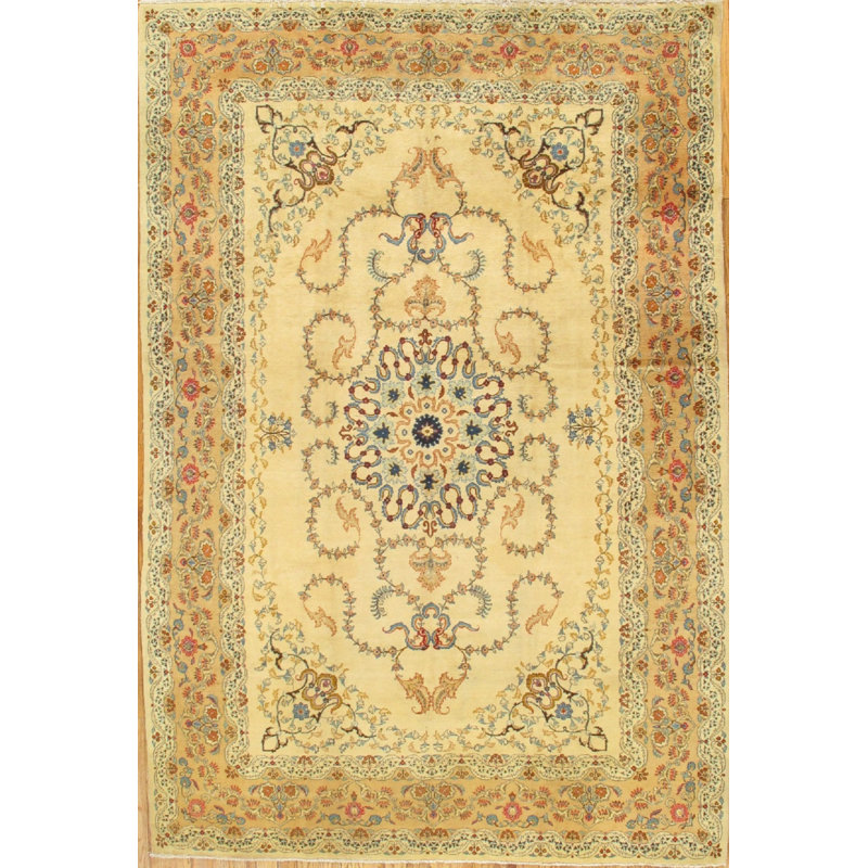 Tapis unique en laine noué à la main beige / rouge style années 2010 Kashan 7 pi 2 po x 10 pi 8 po