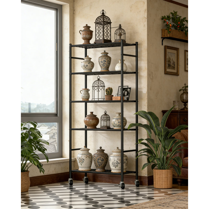 5 Tier Storage Shelves Organizer, Metal Shelf With Wheels And Leveling Feet, Heavy Duty Garage Shelving For Kitchen Pantry, Black, 33.1X12.6X73.5 Inch