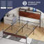 Structure de lit avec lumières DEL, structure de lit en métal avec station de charge, tête de lit à double couche de rangement, matelas à ressorts non requis, pieds de support robustes, couleur acajou-1365577166