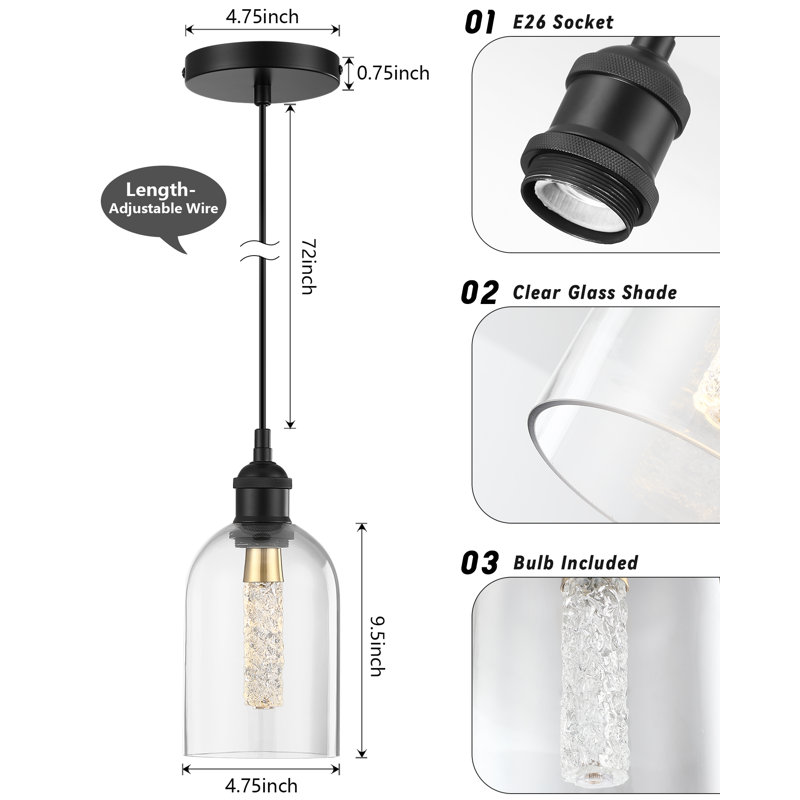 Luminaire suspendu 1 lumière 4,75 po avec ampoule remplaçable, Noir mat