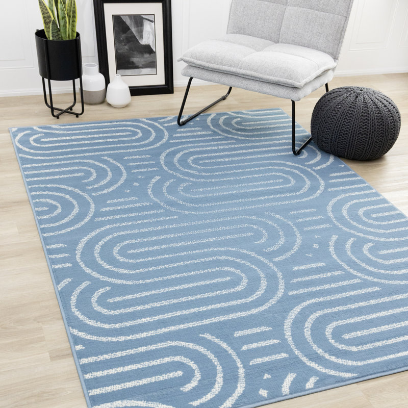 Tapis bleu crème à mailles abstraites Fresno, Rectangle 5 pi 3 po x 7 pi 5 po
