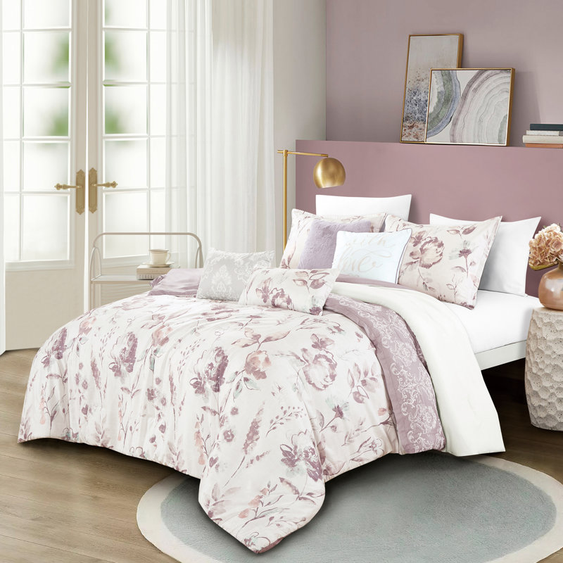 Ensemble d'édredon 7 pièces Sophie, Grand édredon et 6 pièces supplémentaires, Beige / floral mauve