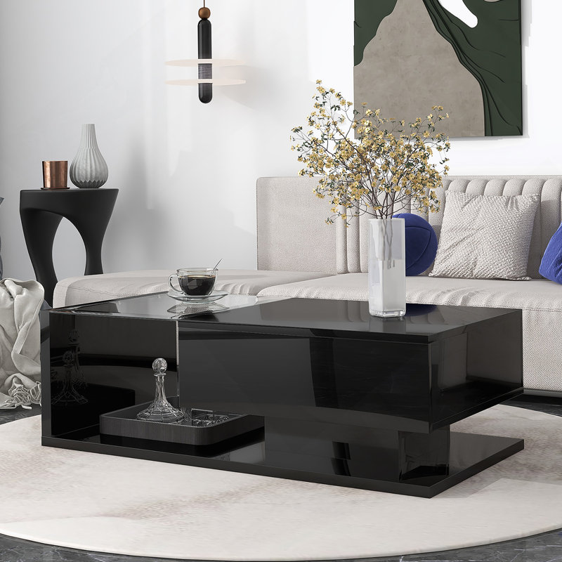 Table basse en verre trempé, table basse en bois avec surface UV ultrabrillante, Noir