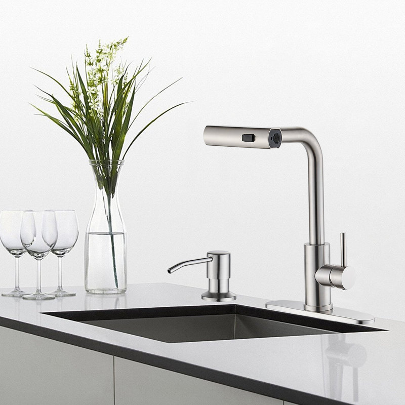 Modern Stainless Steel Single-Lever Kitchen Faucet With Pull-Down Nozzle With Soap Dispenser, Brushed Nickel