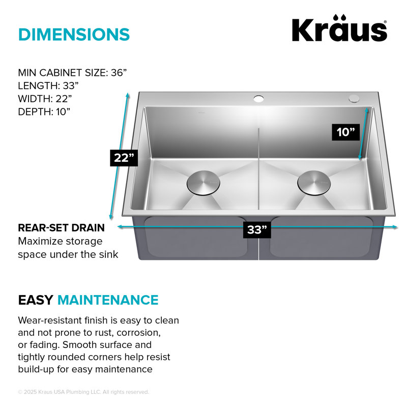 KRAUS Standart PRO Drop In 16 Gauge Bar Stainless Steel Kitchen Sink, Standard, 33"