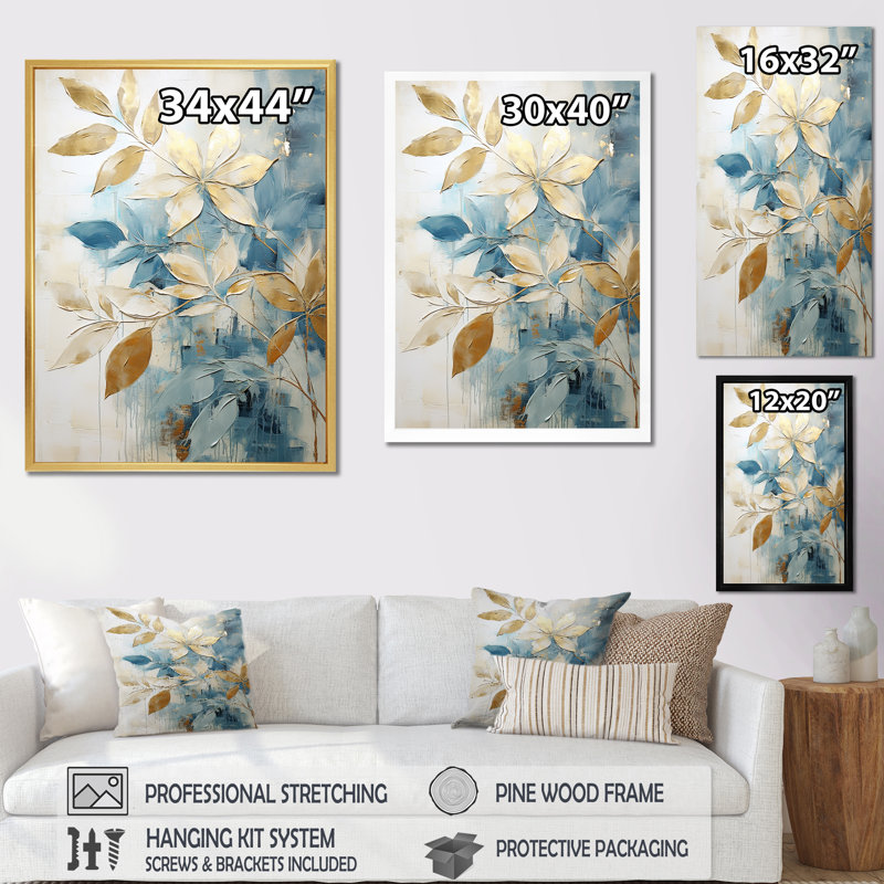 «Gold and Blue Abstract Botanical - Abstract Botanicals», reproduction sur toile, H 40 po x l 30 po x P 1,5 po