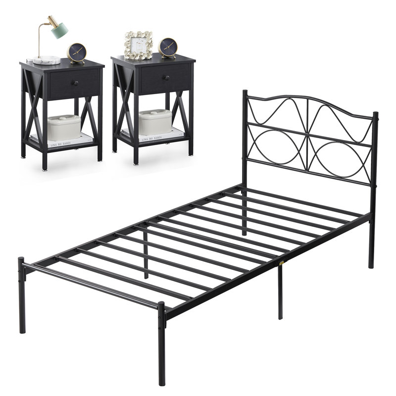 Ensemble de chambre avec cadre de lit et tables de chevet Kempst, Noir, Simple