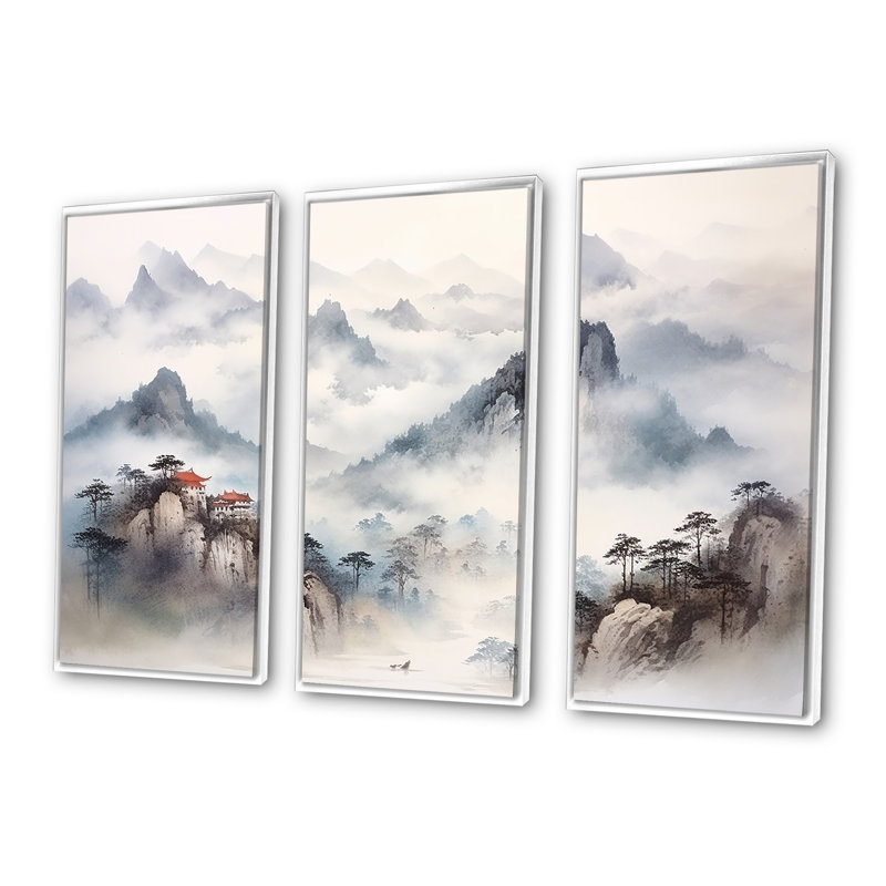 «Gray River China Landscape III», art mural Chine, Cadre flottant blanc, H 28 po x l 36 po
