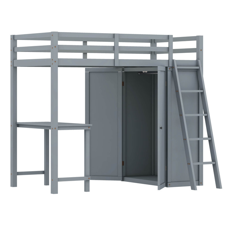 Lit mezzanine avec penderie et bureau Hayah, gris, Simple
