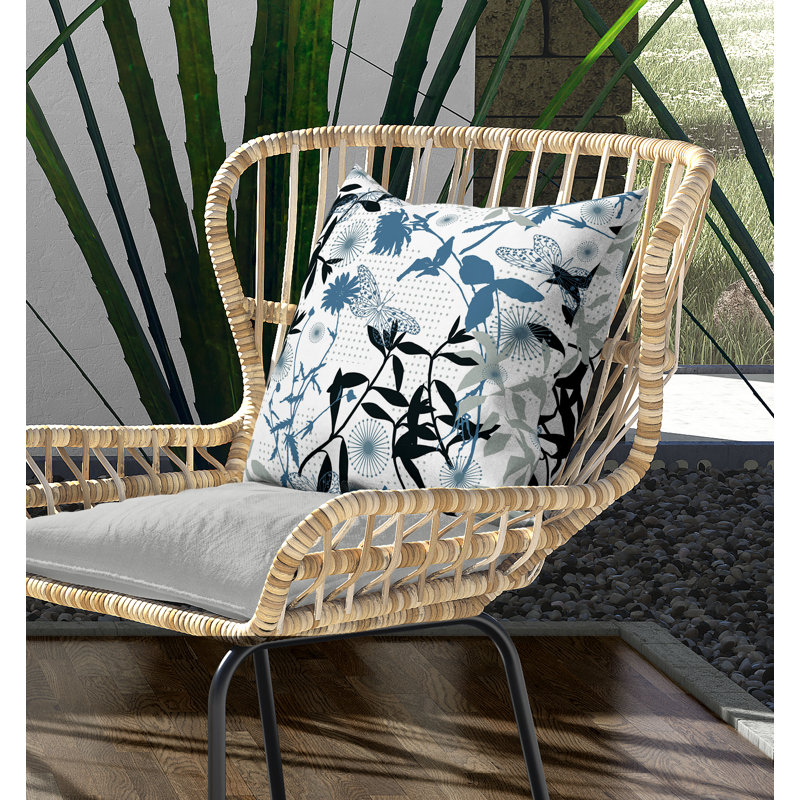 Coussin décoratif floral intérieur / extérieur réversible, Bleu / blanc / noir, H 18 po x l 18 po