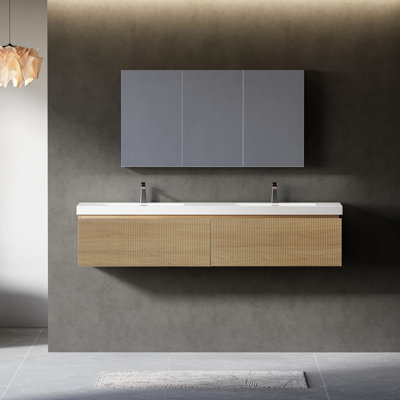 72" floating vanity with sink combo, striped wall-mounted cabinet with soft-close drawer and double glossy white solid surface basins