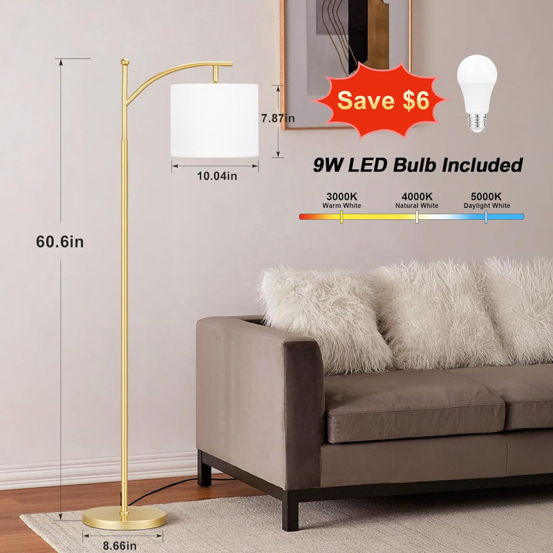 Lampe sur pied réglable avec 3 températures de couleur, abat-jour blanc rotatif, mât doré et interrupteur à pédale - idéale pour le salon, la chambre à coucher, le bureau et le dortoir