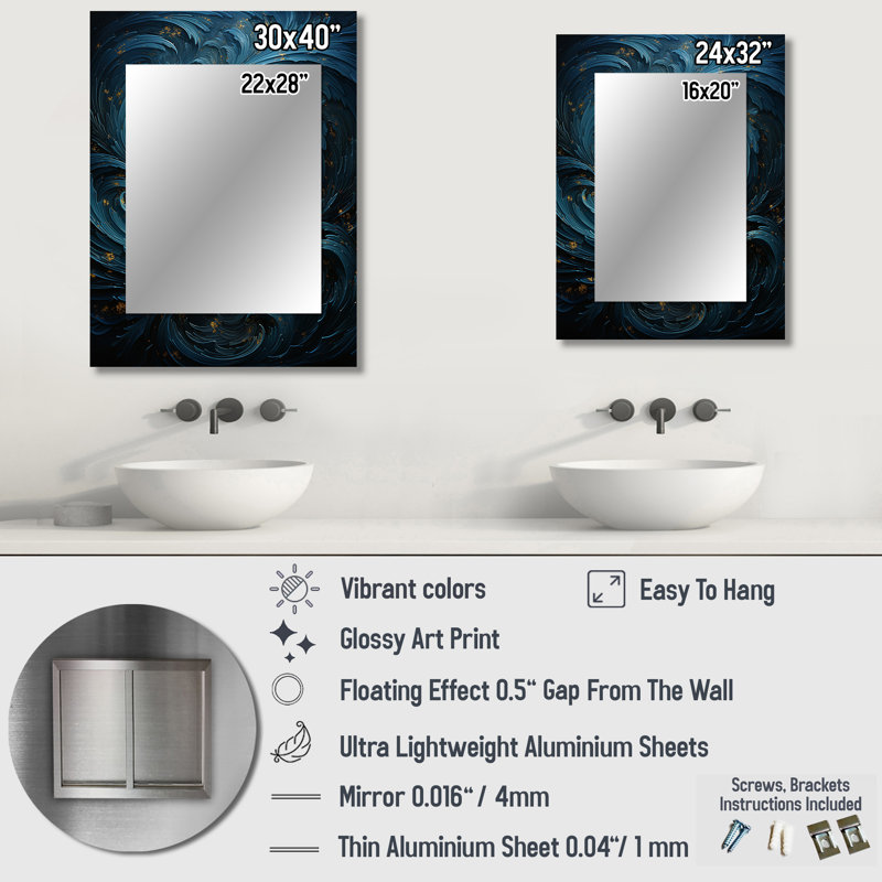 «Blue Fury Waves Spiral I», grand miroir mural abstrait, miroir décoratif bleu, impression sur métal, 32 po x 24 po