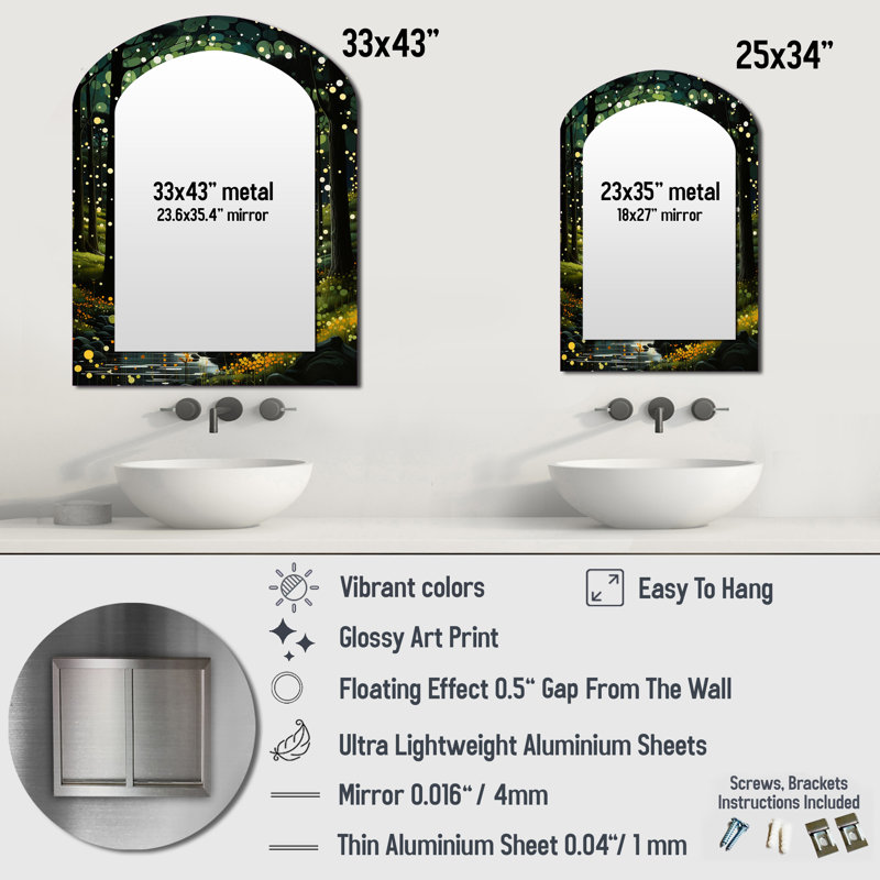 Forêt enchantée forêt pastorale II - miroir arqué forêt, miroir mural unique asymétrique vert, 43 po x 33 po