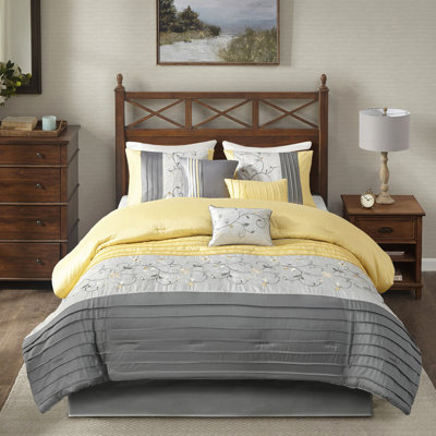 7 Piece King Comforter In Yellow - Embroidered & Cozy Bedroom
