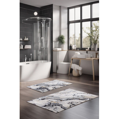 Eakly Luxury Bathmat Set (2 Pieces), 100% Polyester, 16.0 x 23.6 inches & 23.6 x 39.4 inches | Non-Slip Antibacterial Design, 0.3 in Pile Height | Machine Washable, Durable & Easy to Clean | Ideal for Bathroom Décor