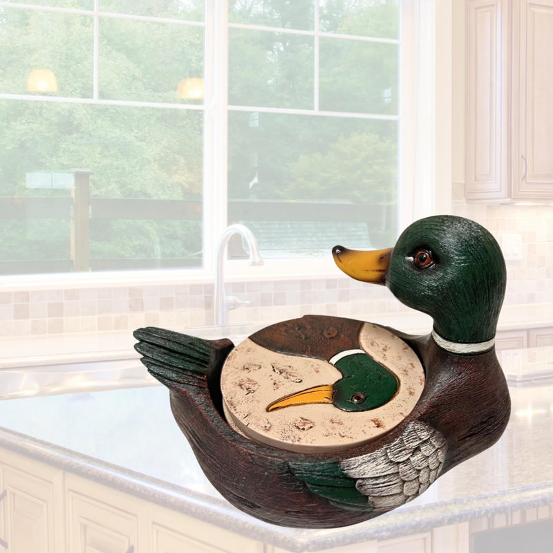 Rustic Woodland Mallard Duck Polyresin Coaster Set with Decorative Holder