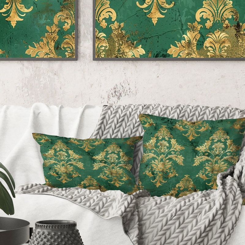 Coussin décoratif damassé vert et or IV, Forme rectangulaire, H 12 po x l 20 po