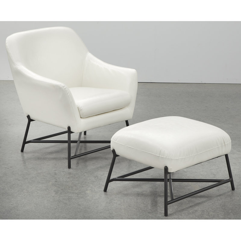 Minford Faux Leather Accent Chair with Ottoman, White Faux Leather