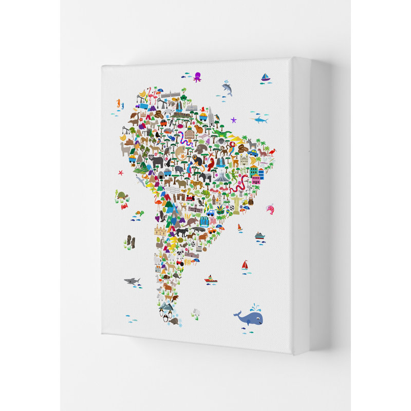 Animal Map Of South America Nursery by Michael Tompsett - Print, 29.7cm H x 21cm W x 4cm D, Wrapped Canvas