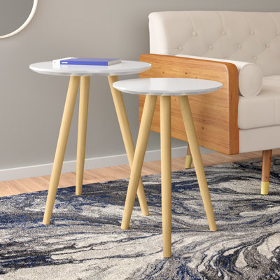 Whitcher Mid-Century Modern Nesting End Tables – Set of 2 Round Wood Side Tables (Cherry Wood Grain Finish)