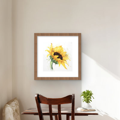 Tournesol aquarelle avec éclaboussures de peinture | Reproduction encadrée avec passe-partout
