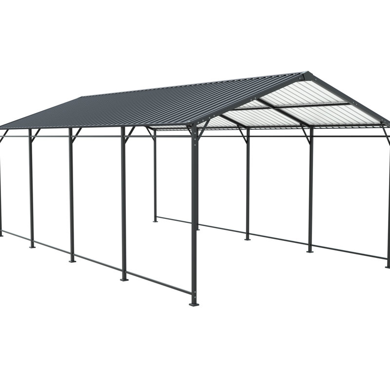 12*21 Ft Galvanized Carport, Protects Vehicles From Strong Weather, Stable Structure On Asphalt Road Large Metal Boats And Tractors, Sloped Roof For Rain Protection