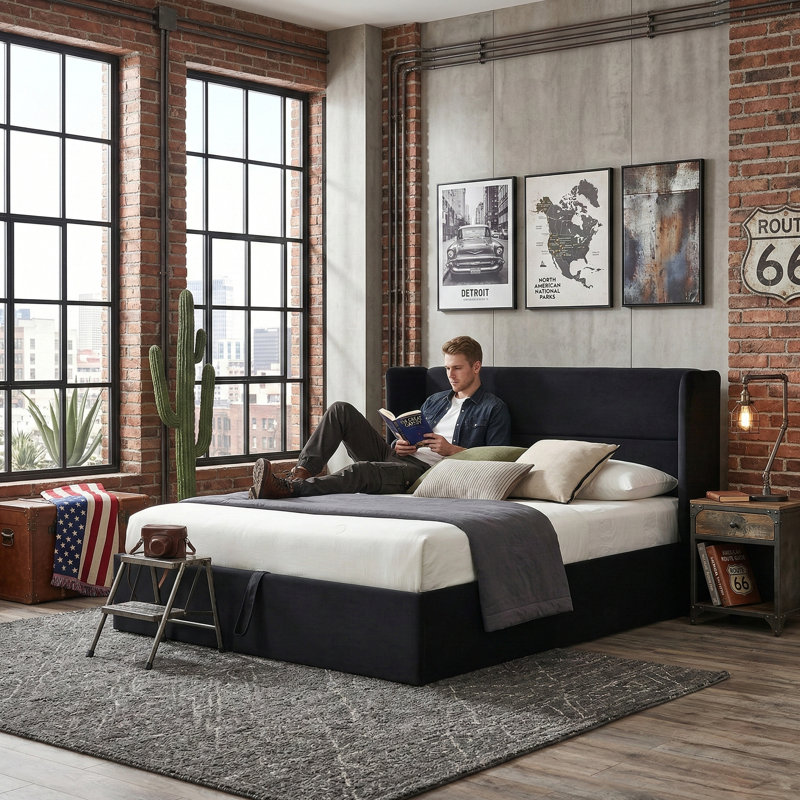 Lit plateforme tapissier avec rangement Gaillarde, Grand, Noir
