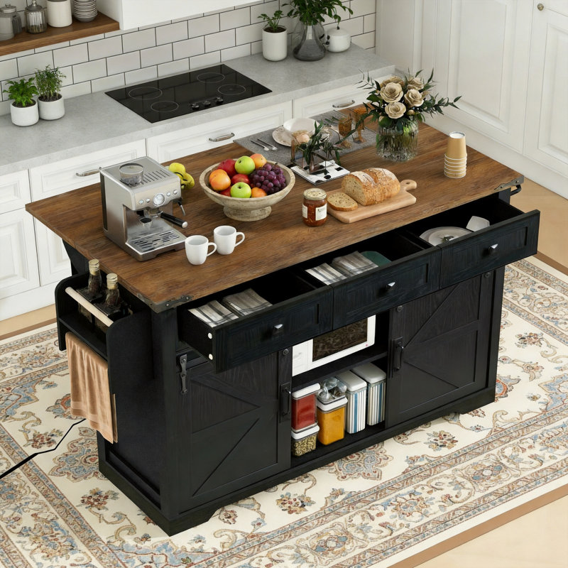 53.9-Inch Farmhouse Style Kitchen Island With Double Sliding Barn Doors, Folding Tabletop With Socket, Spice Rack, 5 Wheels, Suitable For Home Kitchens And Dining Rooms, Black