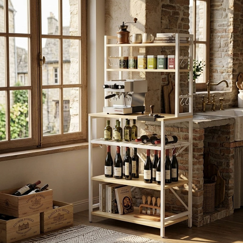 Industrial Rustic Kitchen Baker's Rack with Wine Storage & Hooks, White