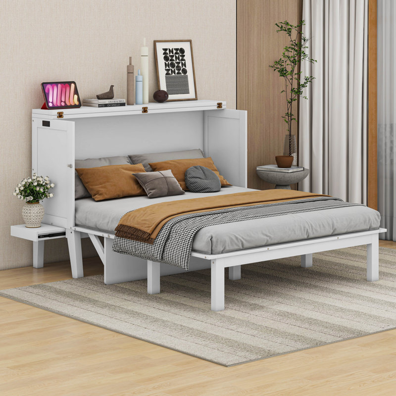 Lit escamotable avec port USB et tablettes amovibles, Grand, Blanc