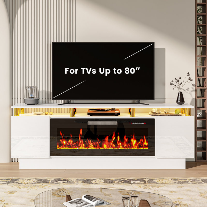Meuble TV Aleila 70 po avec foyer électrique 40 po, console multimédia moderne à 2 niveaux pour salon, placards de rangement laqués brillants avec éclairage DEL, compatible avec les téléviseurs jusqu'à 80 po