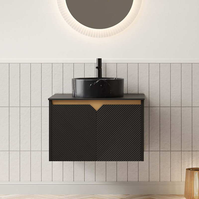 Meuble-lavabo mural flottant avec portes en sergé et bassin en pierre