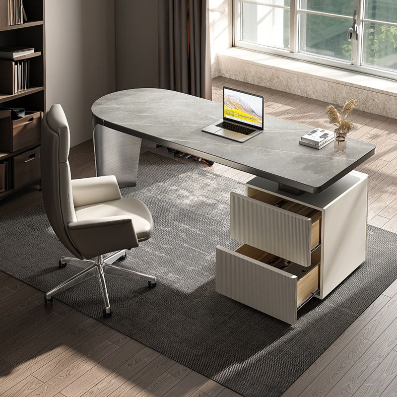 Gray Half-circle Sintered Stone Stainless Steel Desk,2-drawr, 29.53" H x 70.87" W x 27.56" D