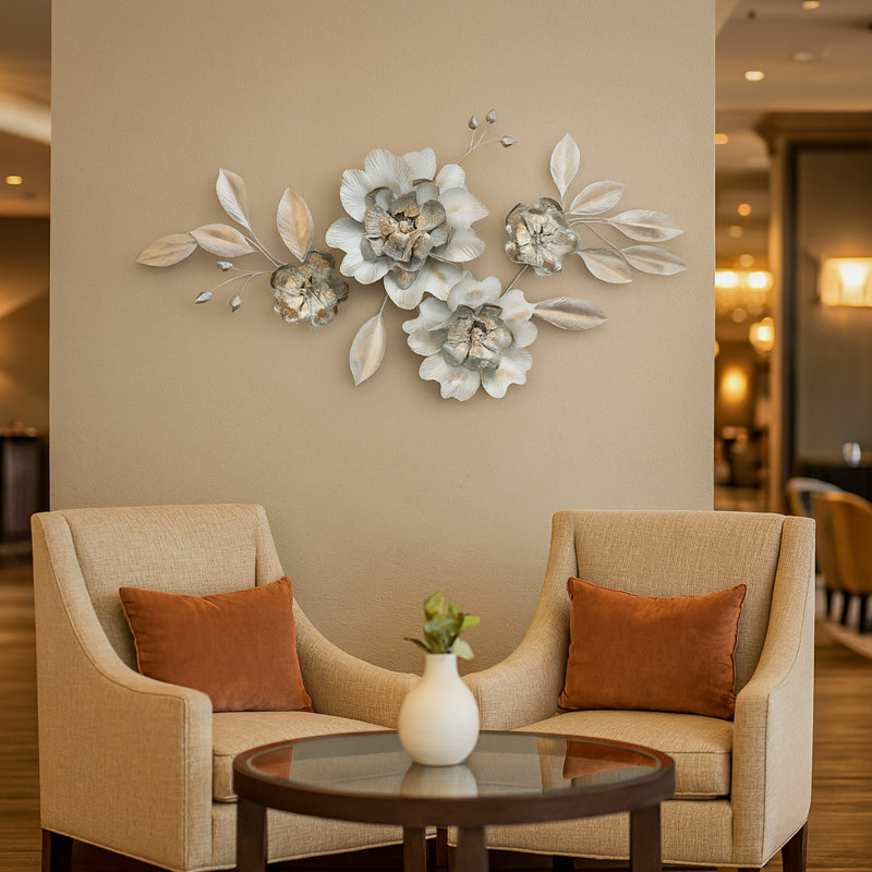 Grand art mural en métal, sculpture florale 3D de 1,5 m, décoration murale fleur argent moderne pour le salon, la chambre à coucher et le vestibule